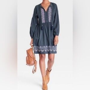 NWT Knox Rose Embroidery Boho Bohemian Peasant Blue Flowy Cottagecore Dress M.